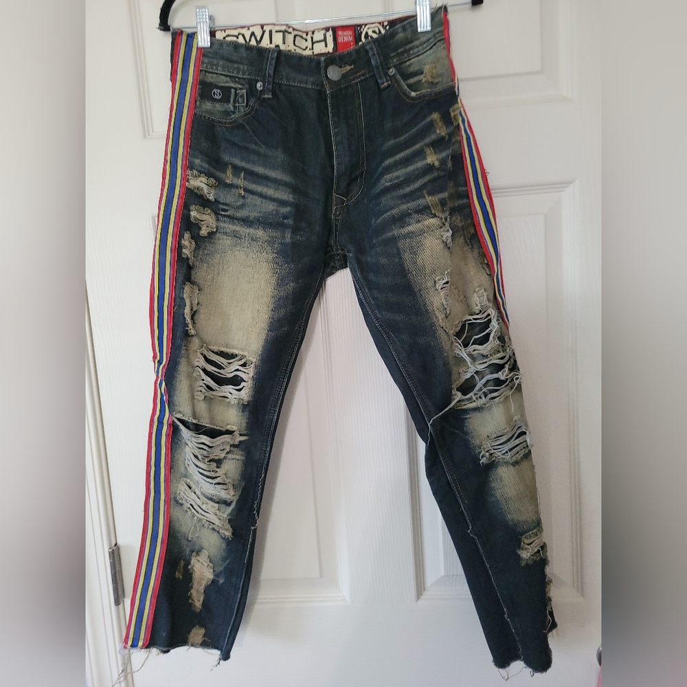 Switch Premium Denim Mens Distressed Blue Jeans 32 x 32Red-White-Blue Stripes